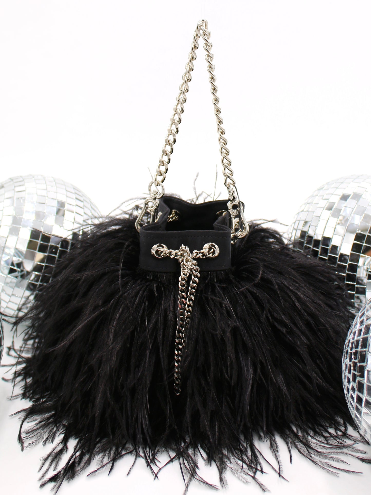 Ostrich Feather Bucket Bag | Onyx & Silver | Mini
