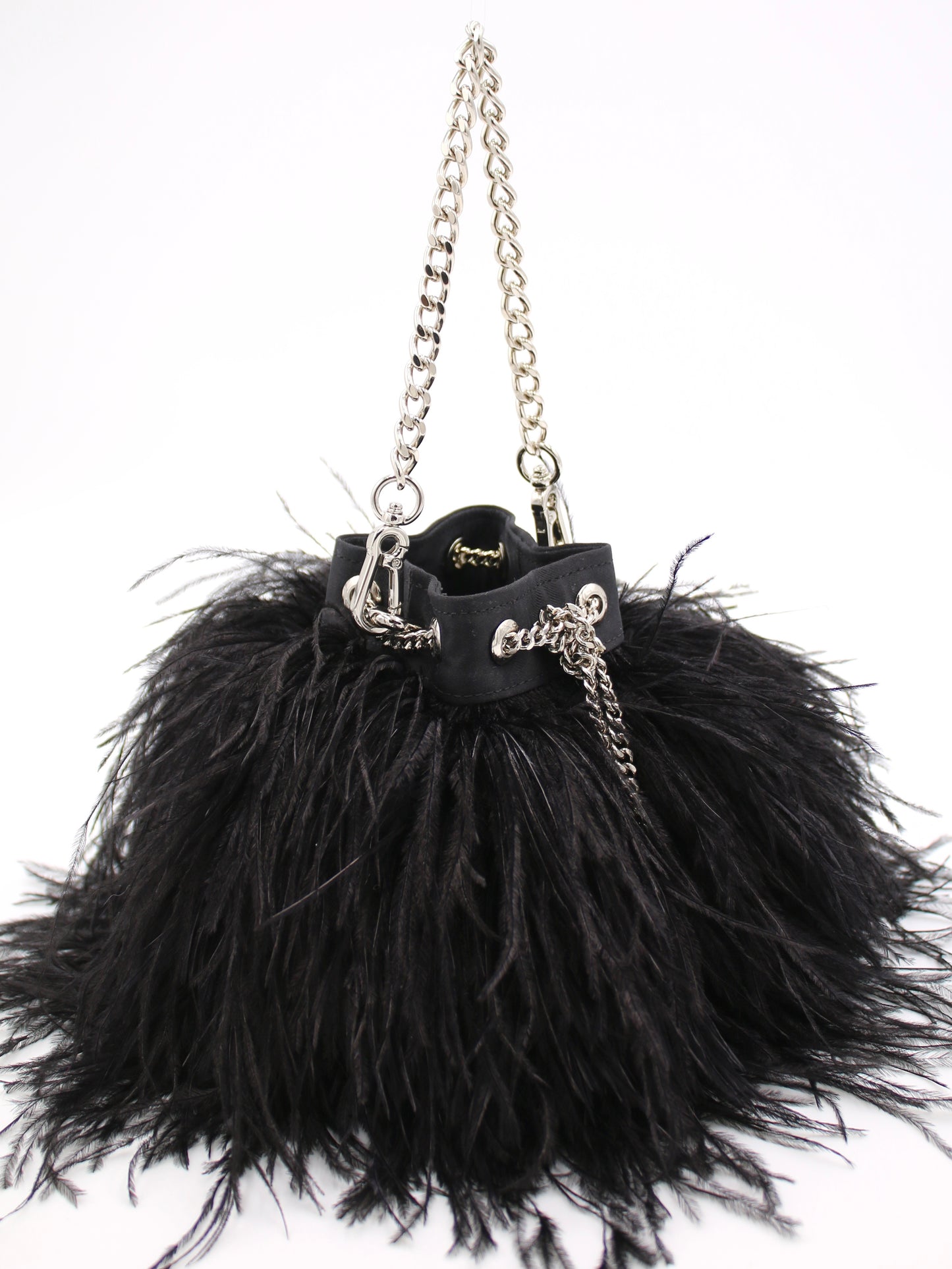 Ostrich Feather Bucket Bag | Onyx & Silver | Mini