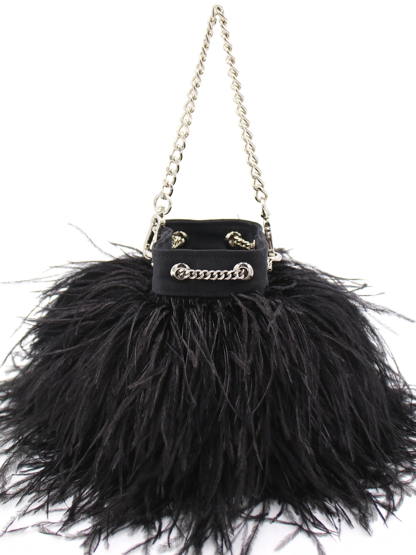 Ostrich Feather Bucket Bag | Onyx & Silver | Mini