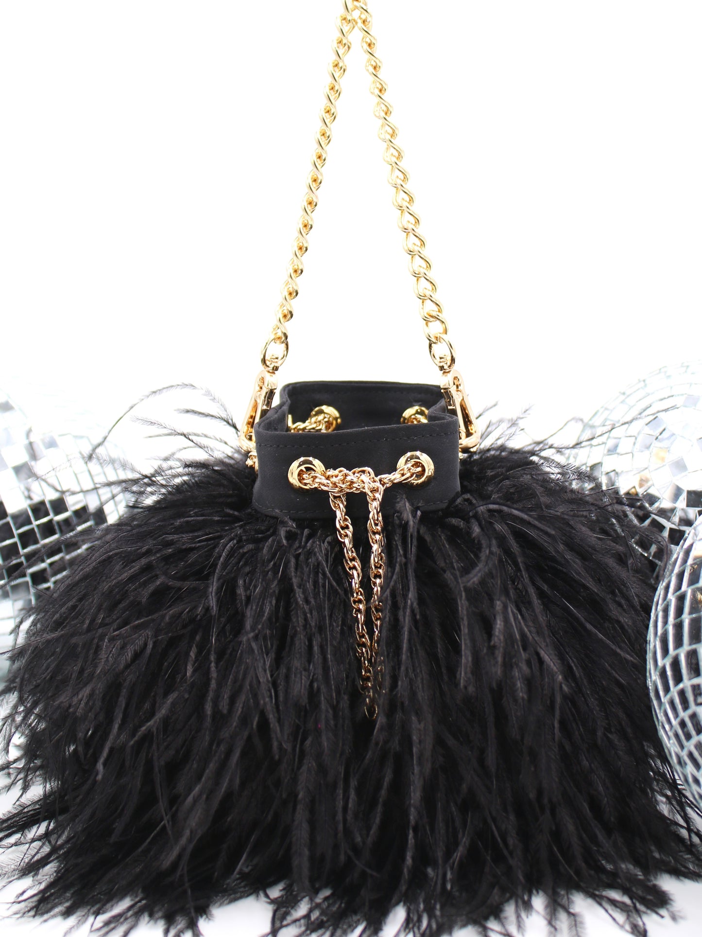 Ostrich Feather Bucket Bag | Onyx & Gold | Mini | Made to order