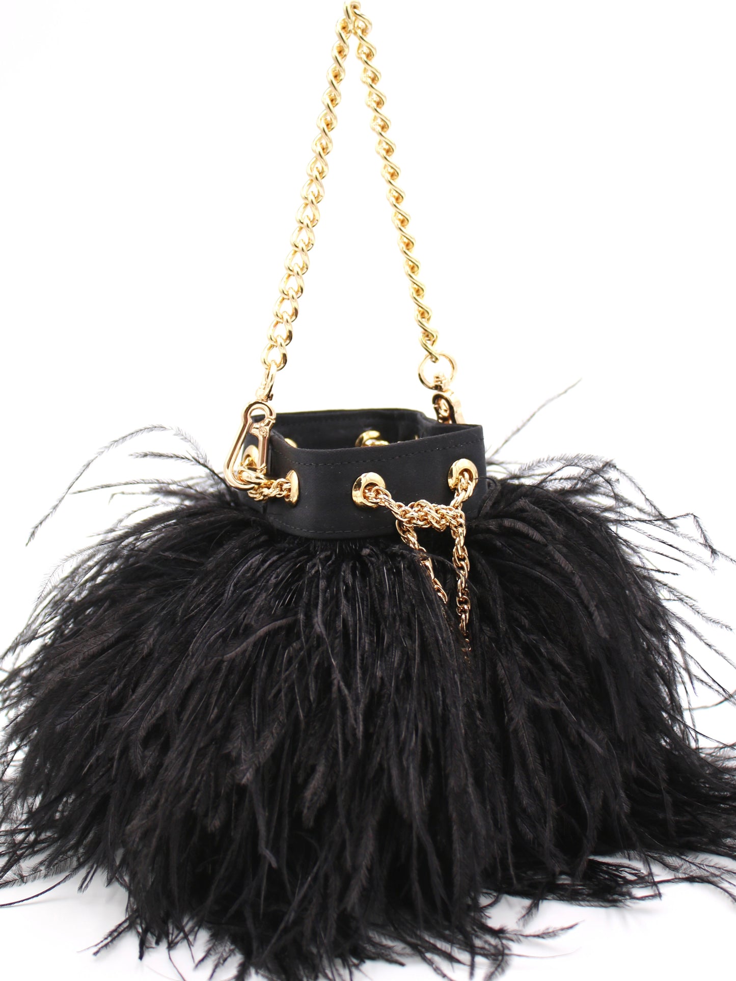 Ostrich Feather Bucket Bag | Onyx & Gold | Mini | Made to order