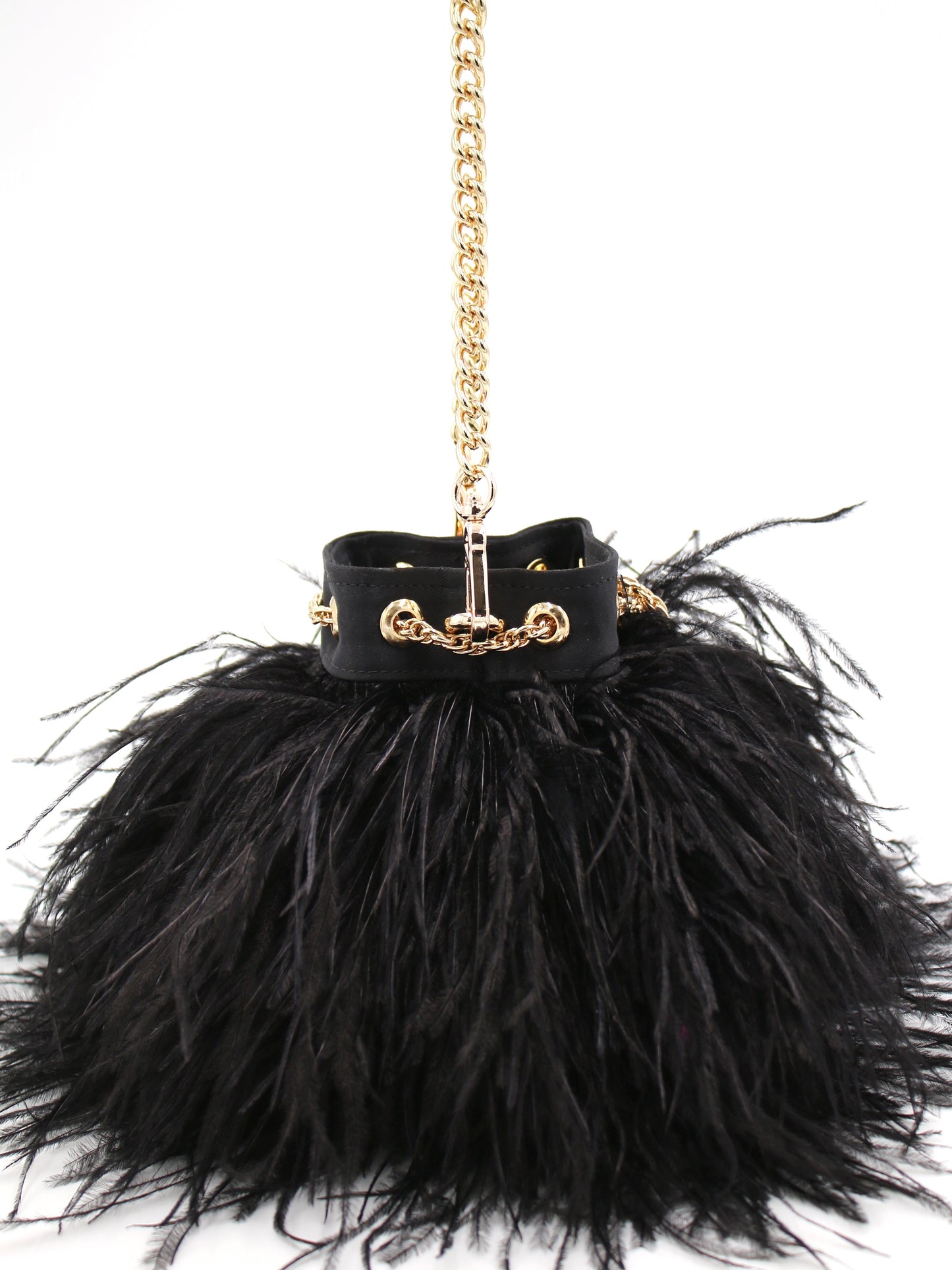 Ostrich Feather Bucket Bag | Onyx & Gold | Mini | Made to order