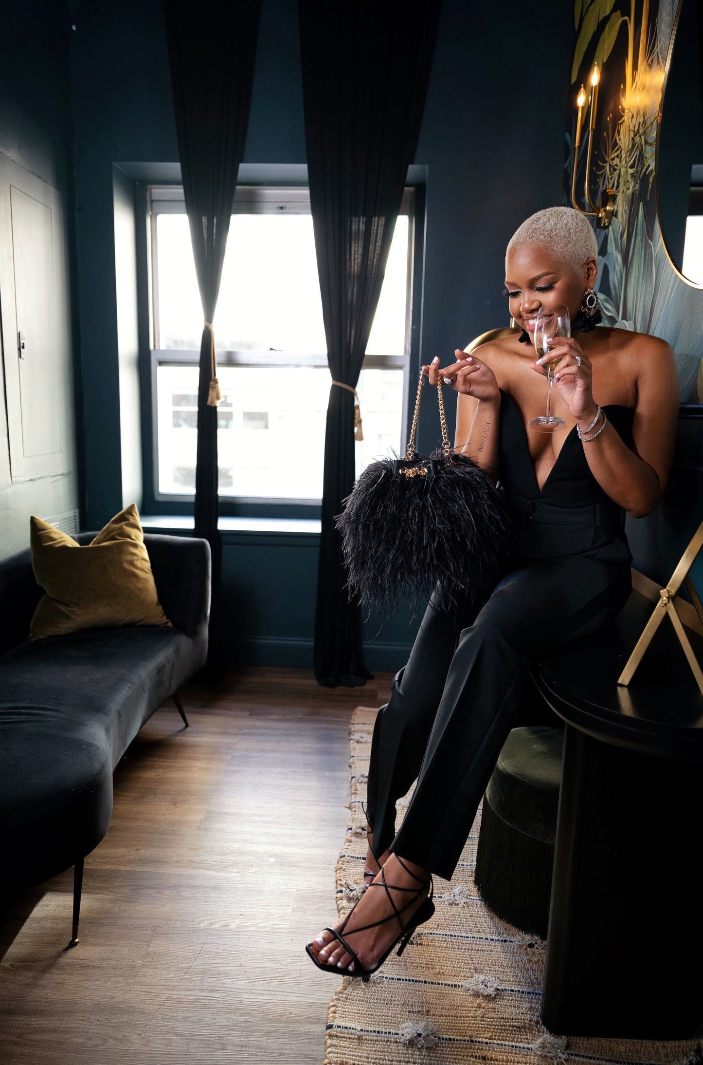 Ostrich Feather Bucket Bag | Onyx & Gold | Large | Made to order