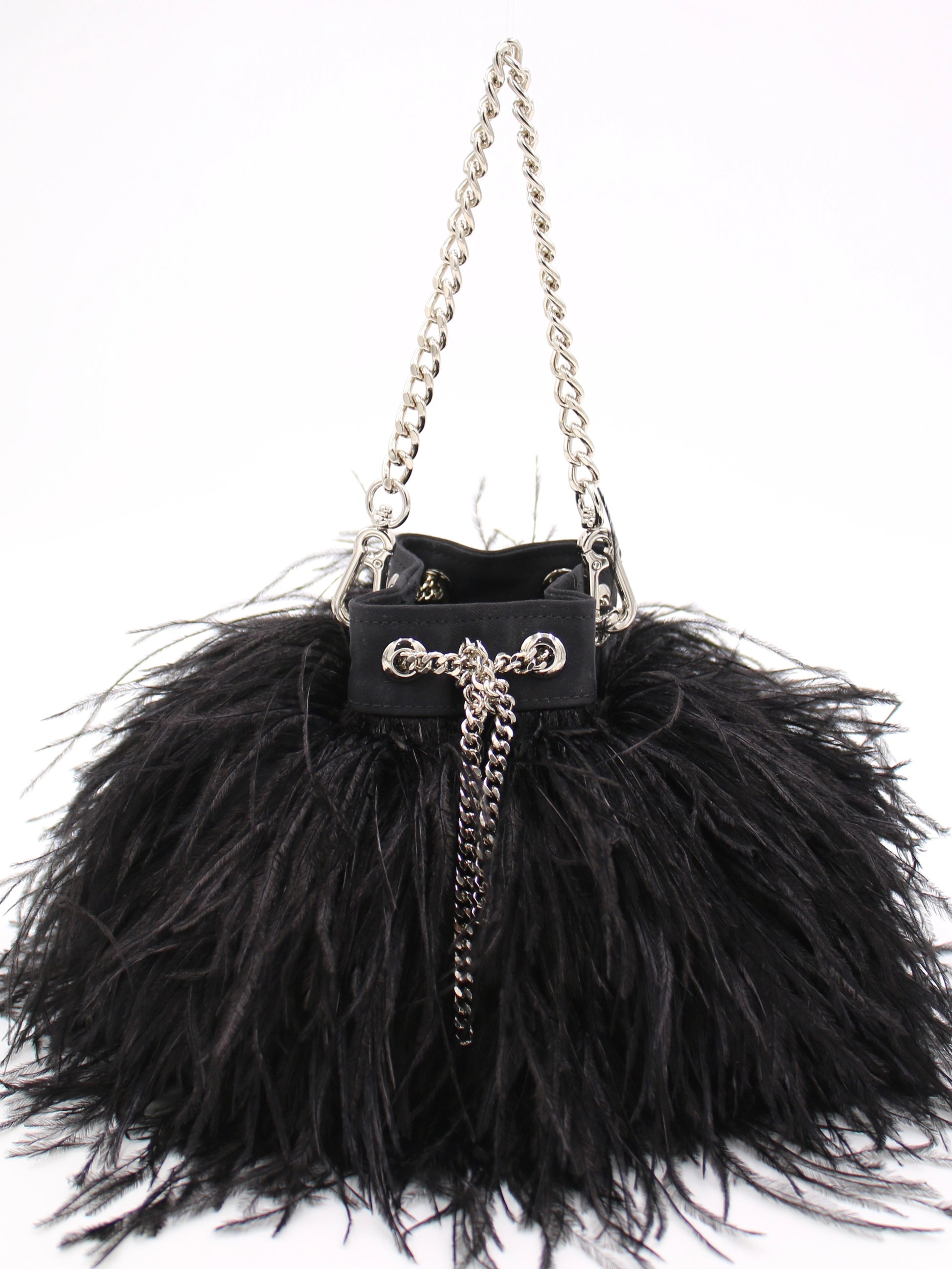 Ostrich Feather Bucket Bag | Onyx & Silver | Mini