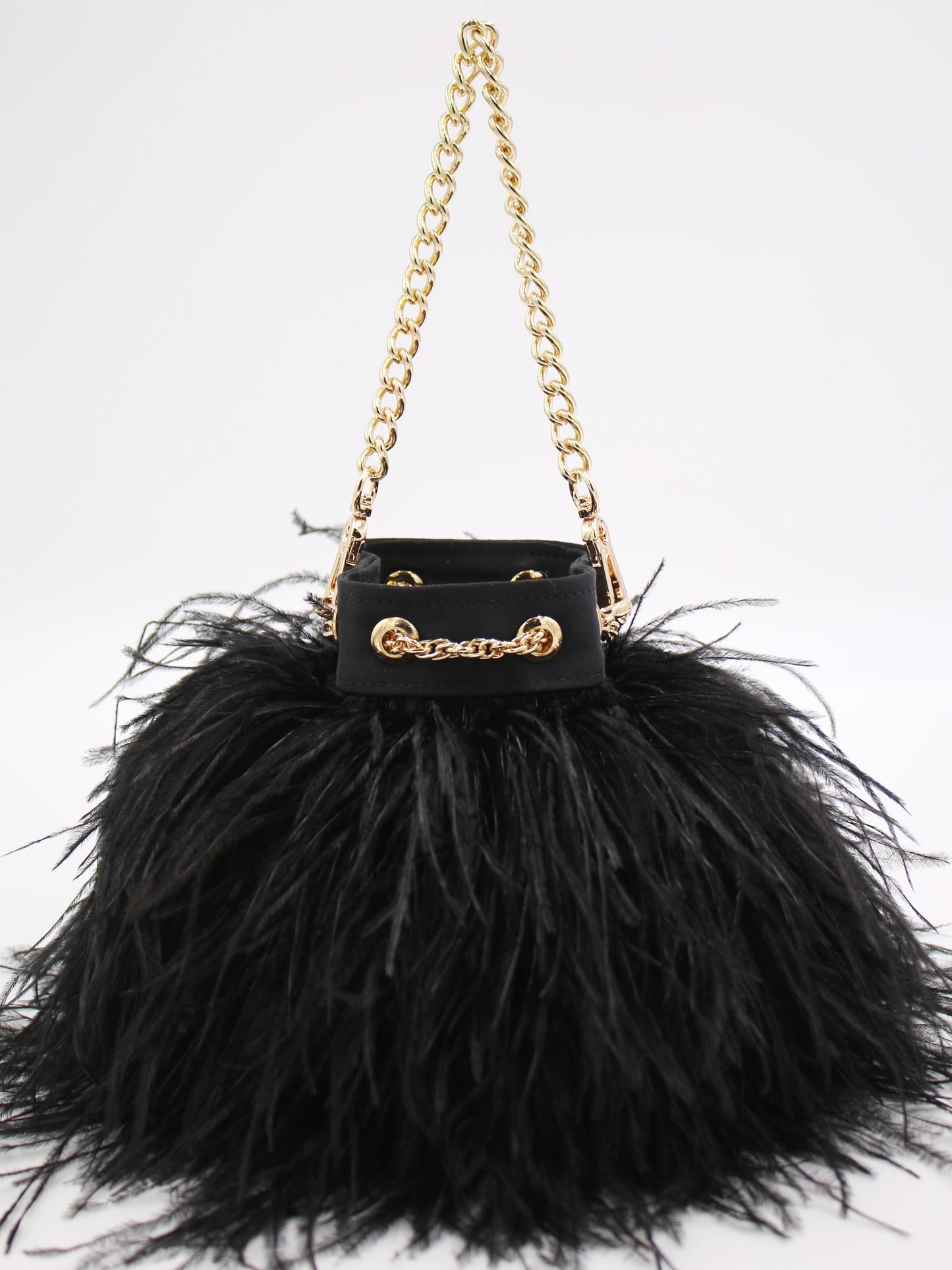 Ostrich Feather Bucket Bag | Onyx & Gold | Mini | Made to order