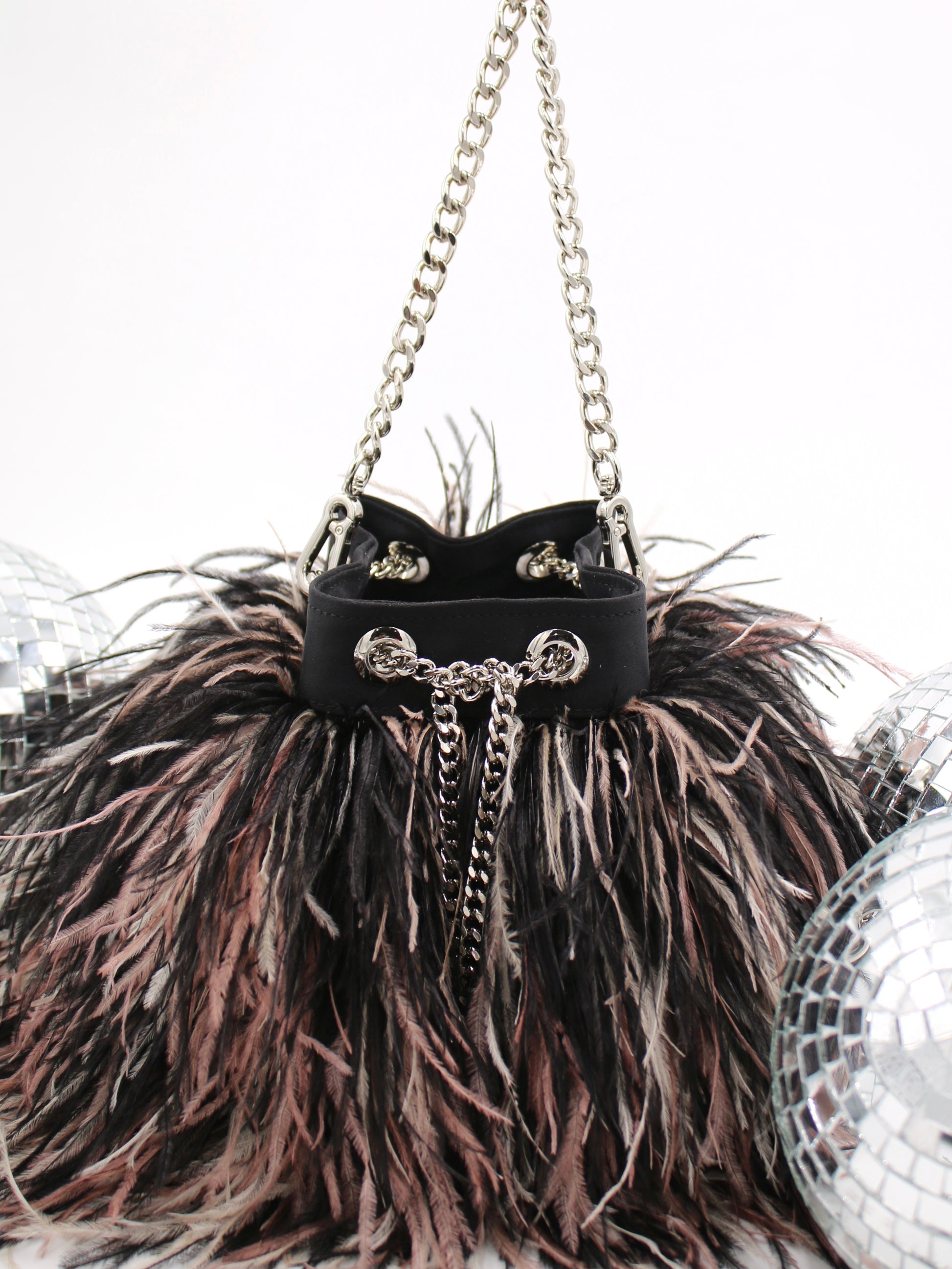 Ostrich Feather Bucket Bag | Black Blush | Large