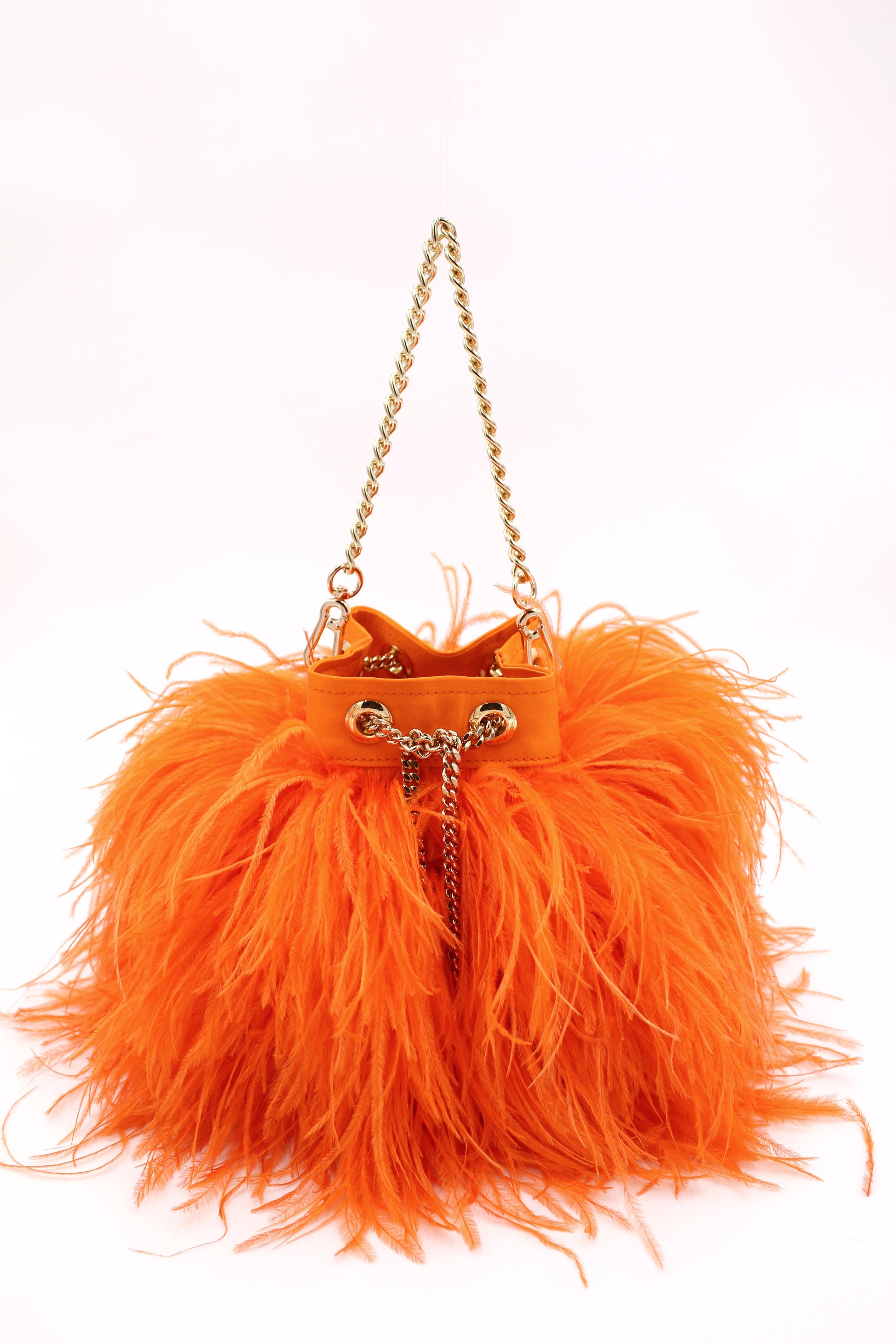 Ostrich Feather Bucket Bag, Flame, Large
