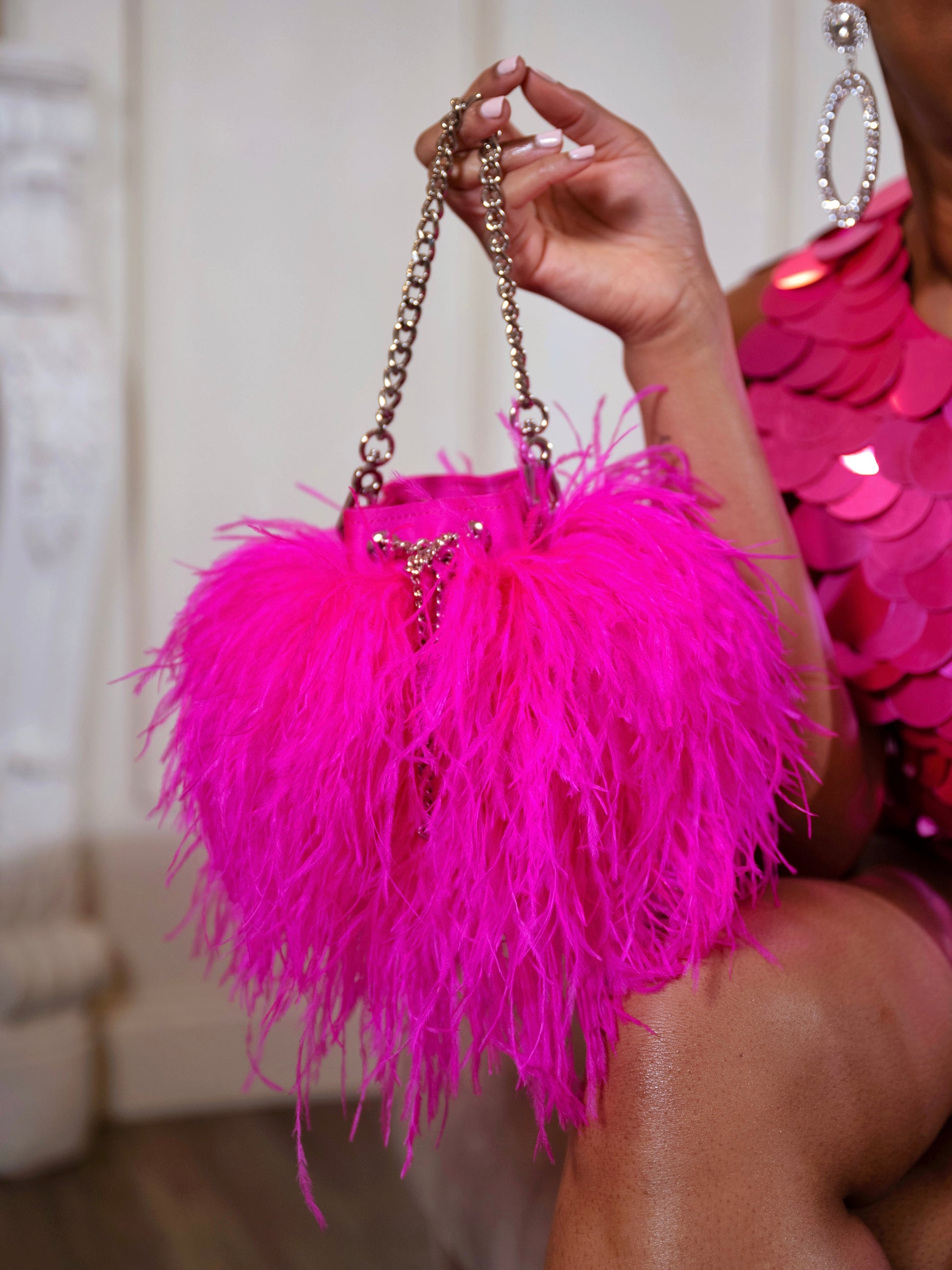 Ostrich Feather Bucket Bag | Fuchsia | Mini | Made to Order